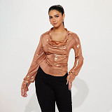 Ladies Solid Color Slit Long Sleeve Lapel Drawdown Waist Tops WDS-231016
