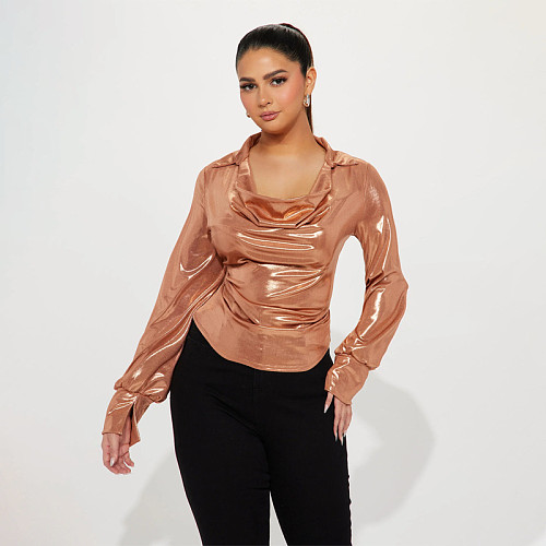Ladies Solid Color Slit Long Sleeve Lapel Drawdown Waist Tops WDS-231016