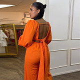Orange Sexy Deep-V Backless Lantern Sleeves Wide-leg Jumpsuit NY-10661