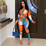Lapel Shirt Elastic Long Pants Lady Two Piece Outfits CYU-9433