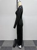 Ladies Single Sleeve Slim Stretch Tight Slit Black Leather Maxi Dress NY-2928