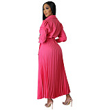 Long Sleeve Polo Neck Pleated Skirt Maxi Dresses YLA-10180