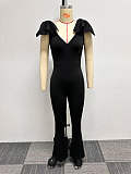 Black Bowknot V-neck Sleeveless Backless Tight Flared Jumpsuit NY-2955