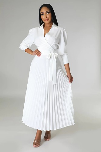 Long Sleeve Polo Neck Pleated Skirt Maxi Dresses YLA-10180