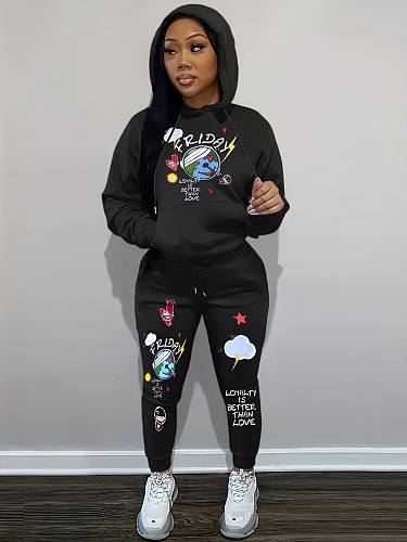 Autumn/Winter Fleece Printed Hoodie Pants Suit for Women SH-390878