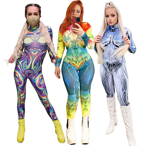 Fashion Y2k Print Set Zipper Stretch Slim-Fit Jumpsuit ASL-6707