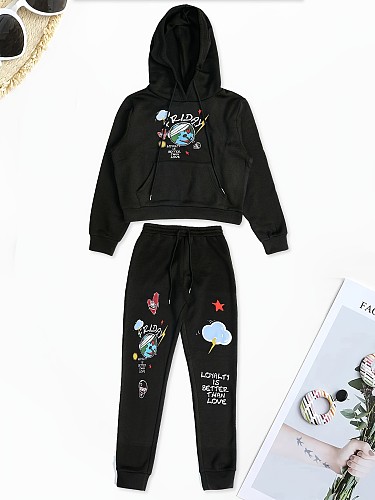 Autumn/Winter Fleece Printed Hoodie Pants Suit for Women SH-390878
