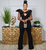 Black Bowknot V-neck Sleeveless Backless Tight Flared Jumpsuit NY-2955