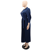 Long Sleeve Polo Neck Pleated Skirt Maxi Dresses YLA-10180
