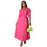 Long Sleeve Polo Neck Pleated Skirt Maxi Dresses YLA-10180