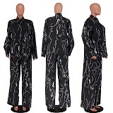 Loose Long Sleeve Shirts Top + Wide Leg Pants Suits CYU-9397