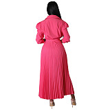 Long Sleeve Polo Neck Pleated Skirt Maxi Dresses YLA-10180