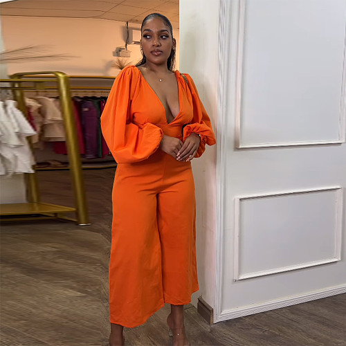 Orange Sexy Deep-V Backless Lantern Sleeves Wide-leg Jumpsuit NY-10661