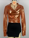 Ladies Solid Color Slit Long Sleeve Lapel Drawdown Waist Tops WDS-231016