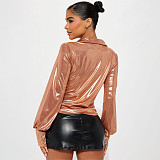 Ladies Solid Color Slit Long Sleeve Lapel Drawdown Waist Tops WDS-231016