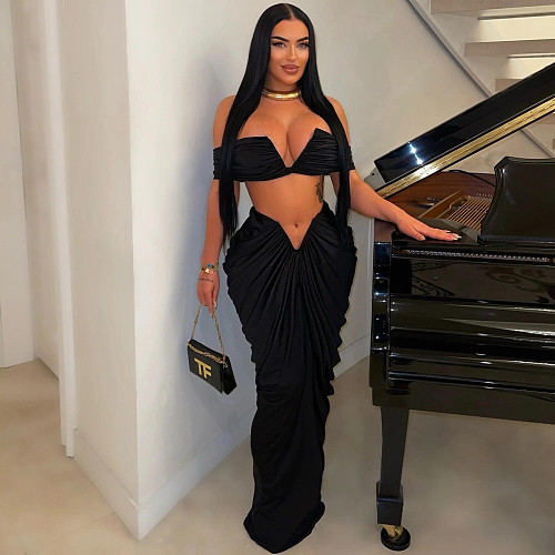 Sexy Strapless Crop Top With Tight Floor-length Pleated Long Skirt NY-10642