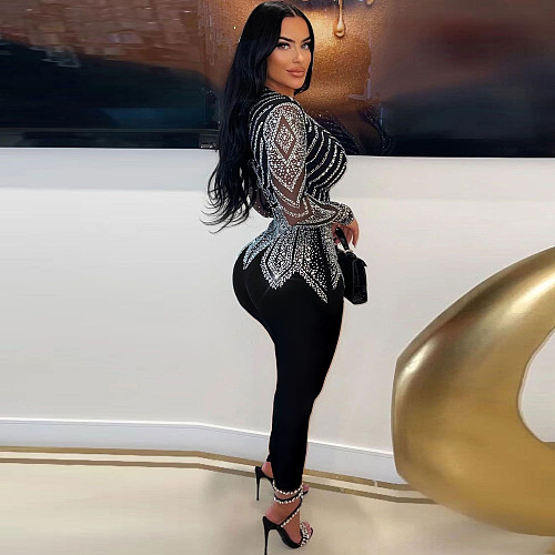 Sexy Slim Hot Drill V-neck Stretch Black Bodycon Jumpsuit NY-9128