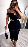 Ladies Sexy Strapless Mesh Patchwork Package Hip Long Skirt Sets NY-10632