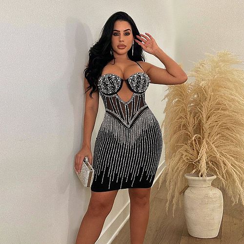 Sexy Strapless Hot Drilling Straps Package Hips Mini Dress NY-2883