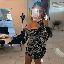 Sexy Strapless Feather Hot Drill Black Package Hips Mini Nightclub Dress NY-2887