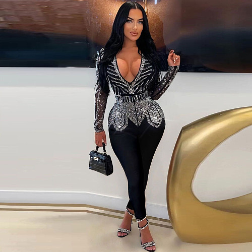 Sexy Slim Hot Drill V-neck Stretch Black Bodycon Jumpsuit NY-9128