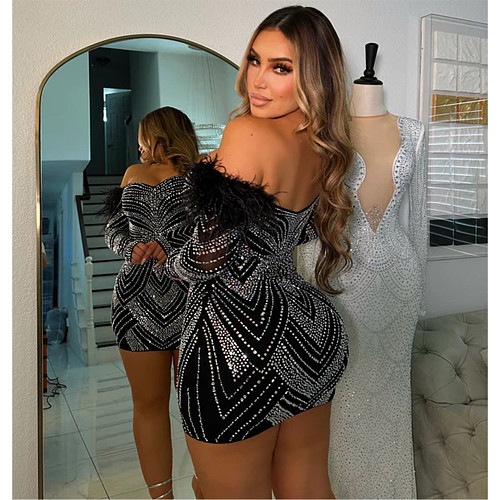 Sexy Strapless Feather Hot Drill Black Package Hips Mini Nightclub Dress NY-2887