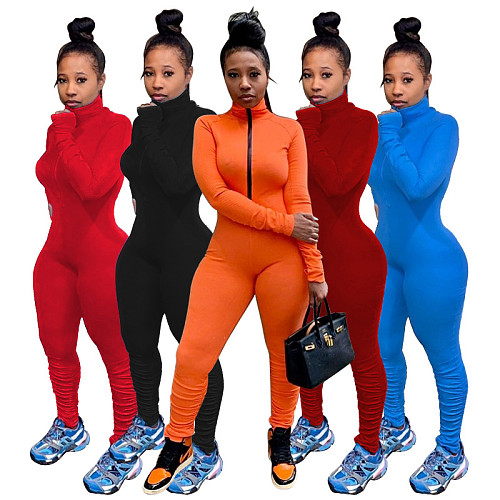 Zipper Half High Collar Pleated Bodycon Jumpsuit WSM-5200