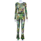 Mesh Printed Tight Top And Pants Casual Set MXXB-K23ST028