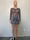 Women Mesh Print Bodysuit And Denim Shorts 2 Pieces Sets BN-9441