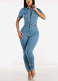 Stylish Women Short Sleeves Buttons Slim Denim Jumpsuit LX-3565