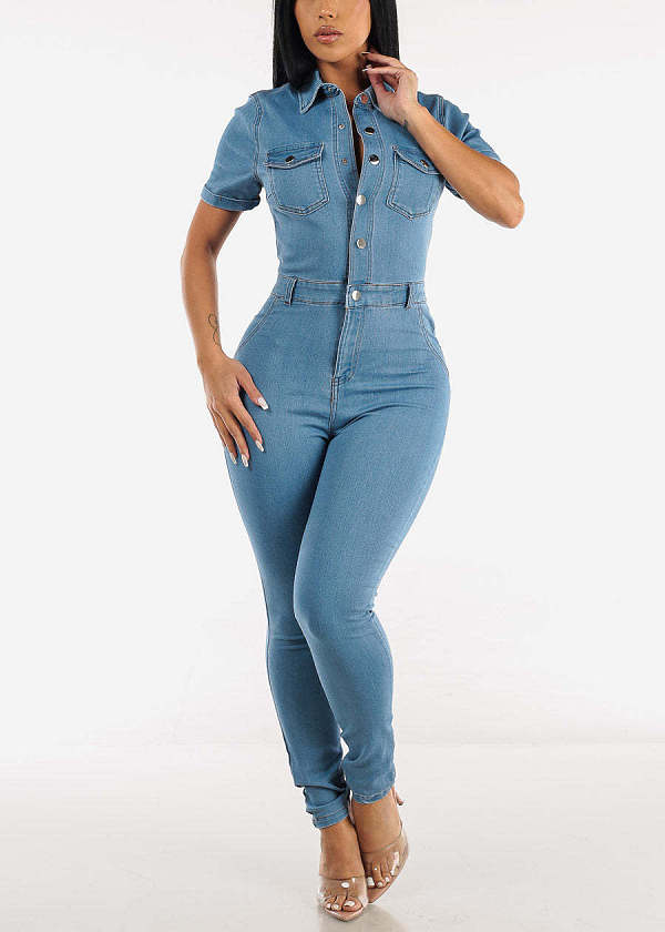 Stylish Women Short Sleeves Buttons Slim Denim Jumpsuit LX-3565