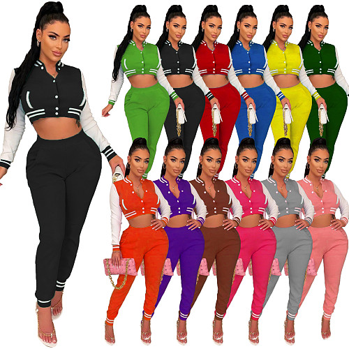 Patchwork Baseball Jackets Crop Top And Pants Suit WSM-5335