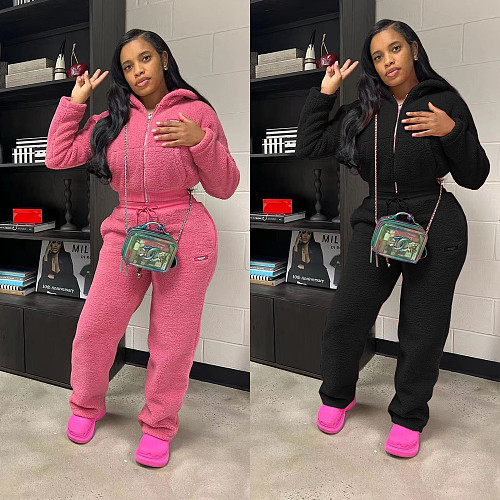 Autumn Winter Women's Solid Color Velvet Zipper Hoodies Long Suits OY-6513