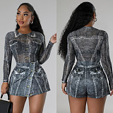 Women Mesh Print Bodysuit And Denim Shorts 2 Pieces Sets BN-9441