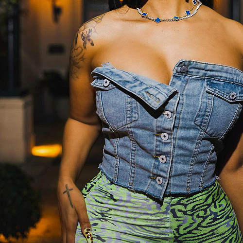 Denim Wrapped Chest Button Cropped Top MXXB-K23TP060