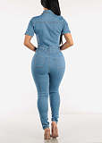 Stylish Women Short Sleeves Buttons Slim Denim Jumpsuit LX-3565