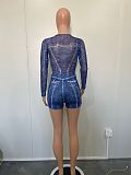 Women Mesh Print Bodysuit And Denim Shorts 2 Pieces Sets BN-9441