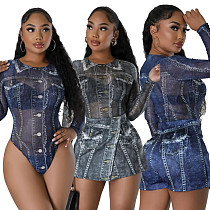 Women Mesh Print Bodysuit And Denim Shorts 2 Pieces Sets BN-9441