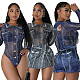 Women Mesh Print Bodysuit And Denim Shorts 2 Pieces Sets BN-9441