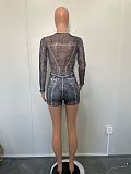 Women Mesh Print Bodysuit And Denim Shorts 2 Pieces Sets BN-9441