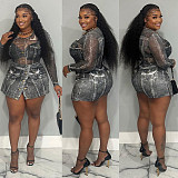 Women Mesh Print Bodysuit And Denim Shorts 2 Pieces Sets BN-9441