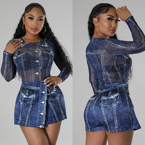 Women Mesh Print Bodysuit And Denim Shorts 2 Pieces Sets BN-9441
