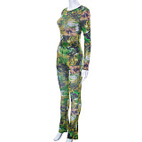 Mesh Printed Tight Top And Pants Casual Set MXXB-K23ST028
