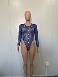 Women Mesh Print Bodysuit And Denim Shorts 2 Pieces Sets BN-9441