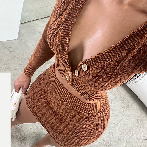 V-neck Cropped Top Mini Skirt Women Knit Sets RS-0011