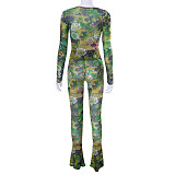 Mesh Printed Tight Top And Pants Casual Set MXXB-K23ST028