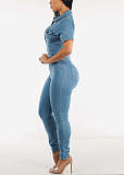 Stylish Women Short Sleeves Buttons Slim Denim Jumpsuit LX-3565
