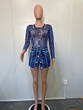 Women Mesh Print Bodysuit And Denim Shorts 2 Pieces Sets BN-9441