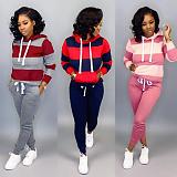 Striped Streetwear Full Sleeve Pullover Drawstring Hooded Two Pieces Set NK-6005
