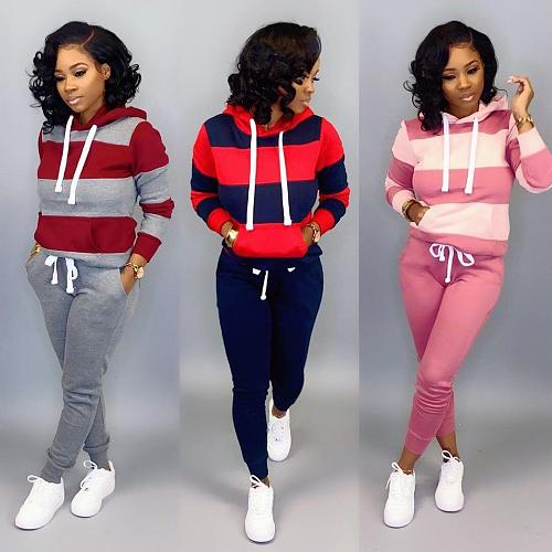 Striped Streetwear Full Sleeve Pullover Drawstring Hooded Two Pieces Set NK-6005